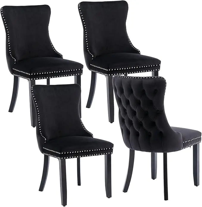 Velvet Upholstered Dining Chairs Set of 4 Wingback Kitchen Room Black Accent Chairs 4PC Solid Wood Leg