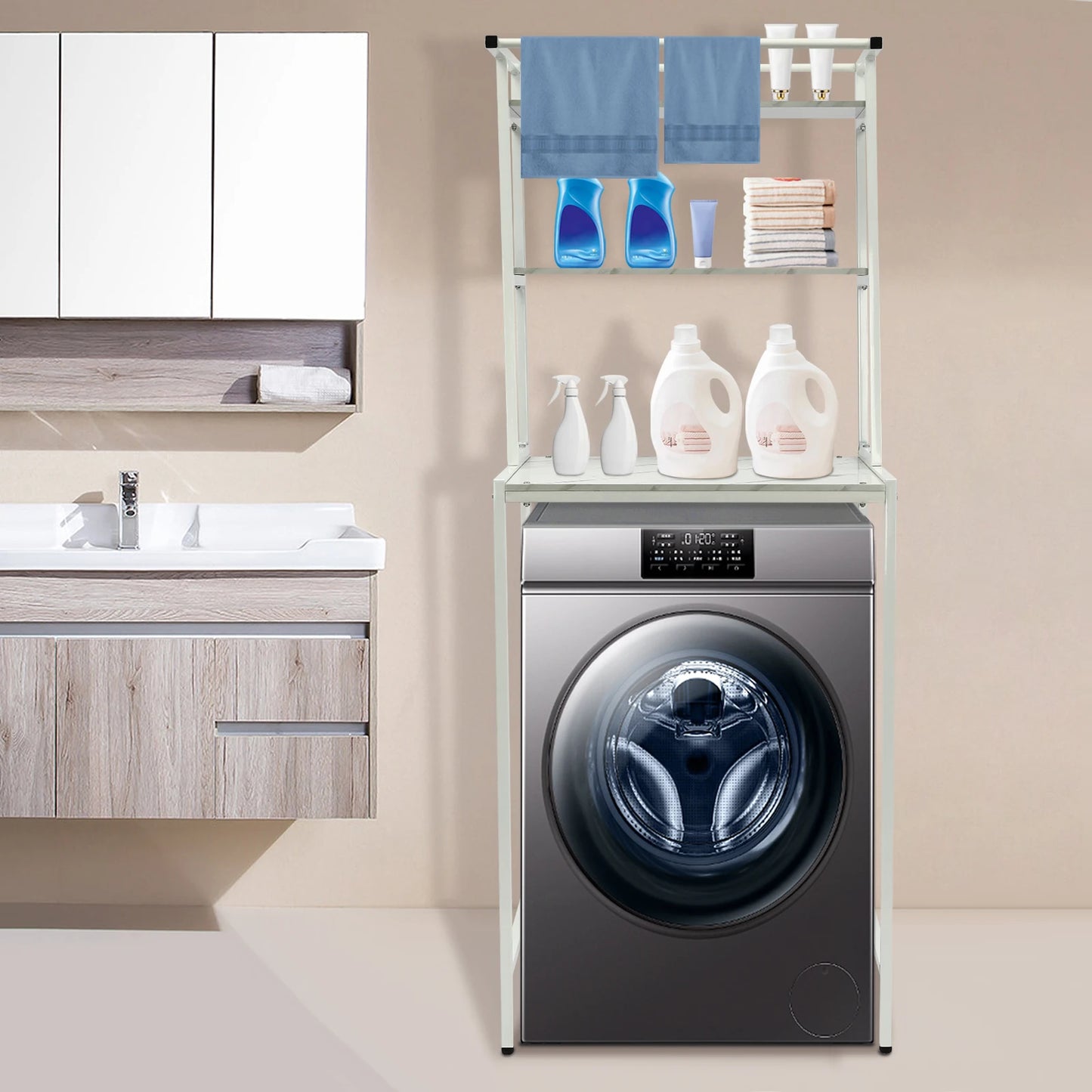 Over Washer and Dryer Storage Shelves 3 Tiers Standing Clothes Drying Rack with Basket for Laundry Room Balconies Porches