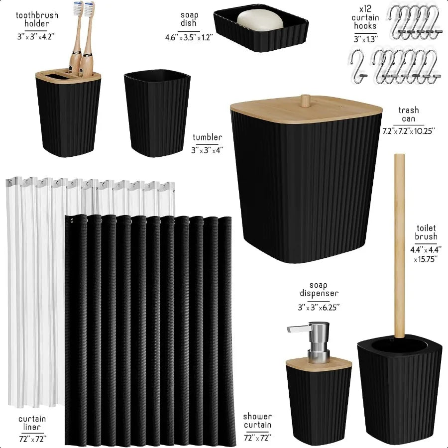 20PC Bathroom Accessory Set Black Shower Curtain Set Toilet Brush Trash Can Soap Dispenser