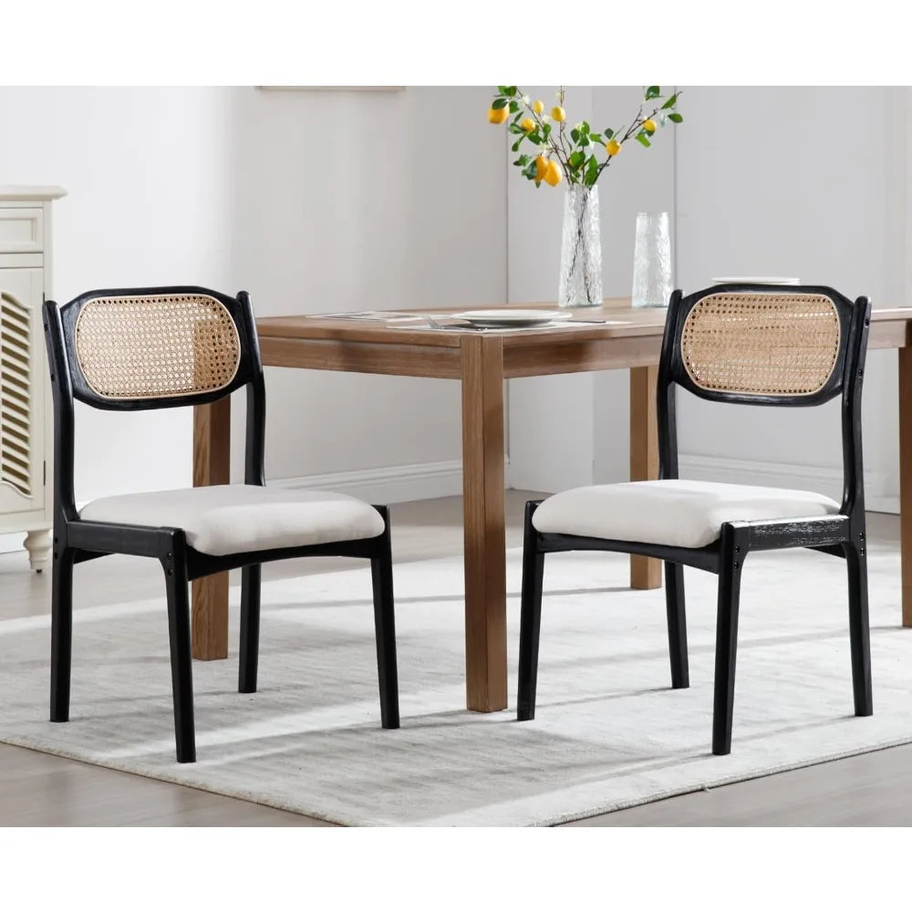 Farmhouse Rattan Dining Chairs Set of 2 Modern Mid Century Dining Room Chairs Upholstered Linen Kitchen Side Chairs