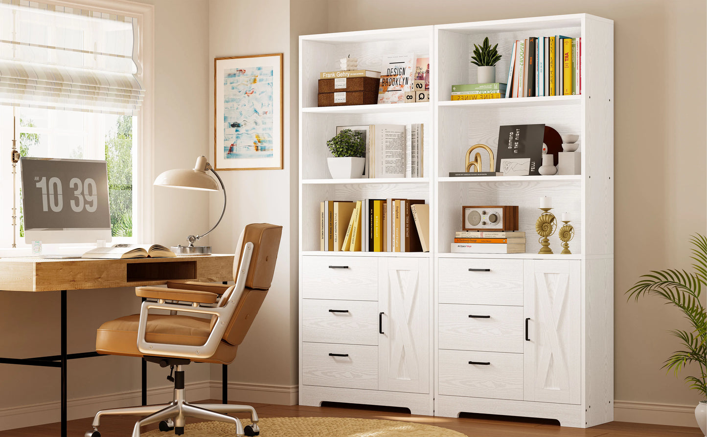 Bookshelf with Door and 3 Drawers, Tall Bookcase Shelf with 3-Tier Shelves