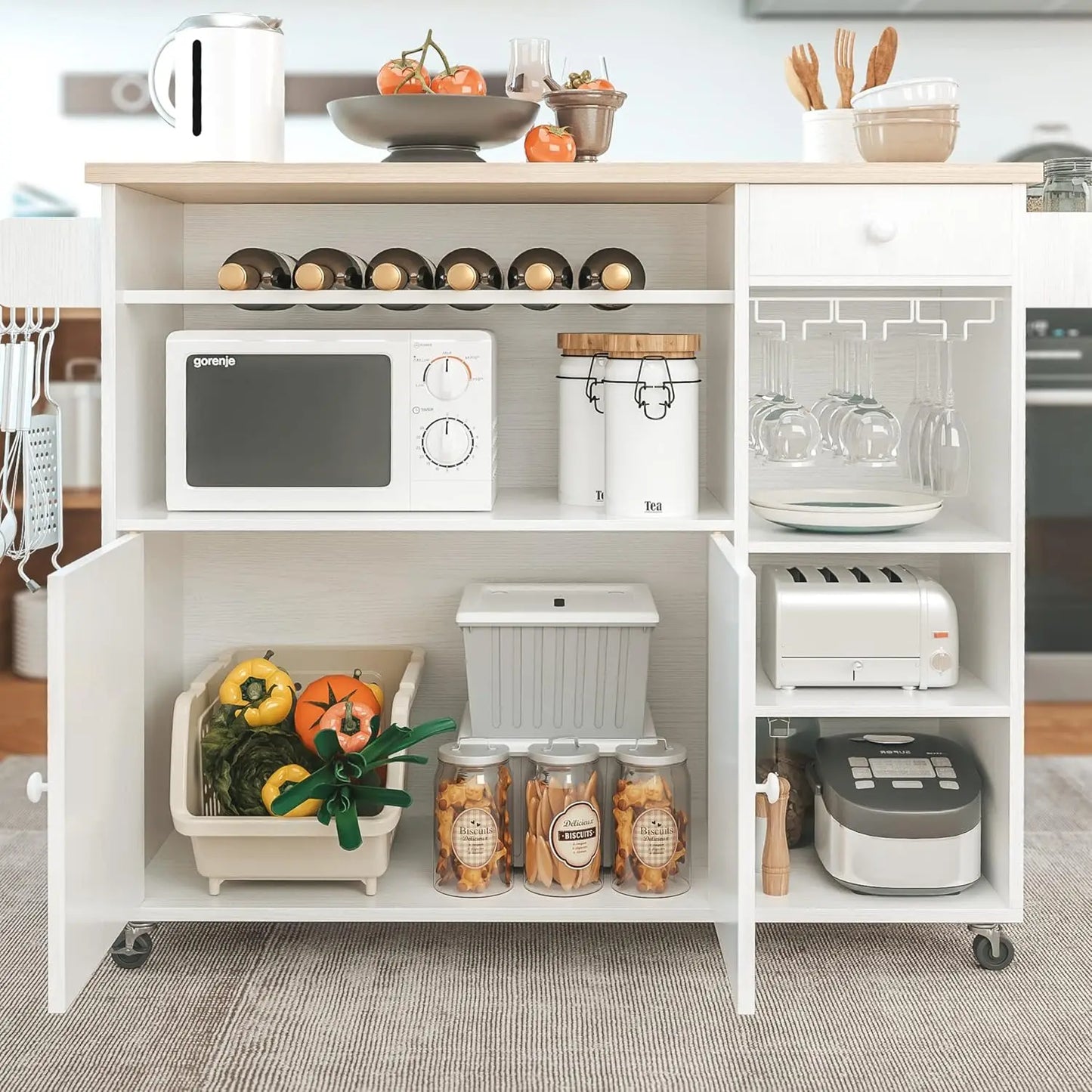 Rolling Kitchen Island Cart with Drop-Leaf & Wine Rack Drawer Shelves & Spice Rack, Microwave Rack Serving Cart on Wheels