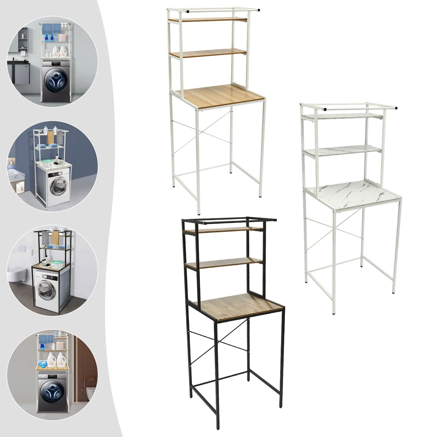 Over Washer and Dryer Storage Shelves 3 Tiers Standing Clothes Drying Rack with Basket for Laundry Room Balconies Porches