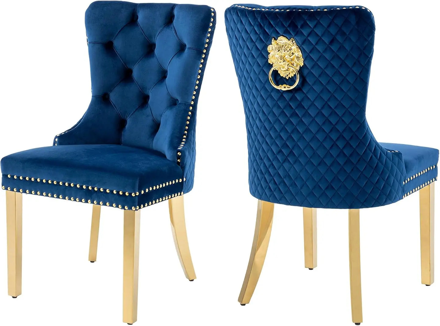 Velvet Dining Chairs Set of 2,  Dining Room Chairs with Gold Metal Legs and Lion Head Pull Ring