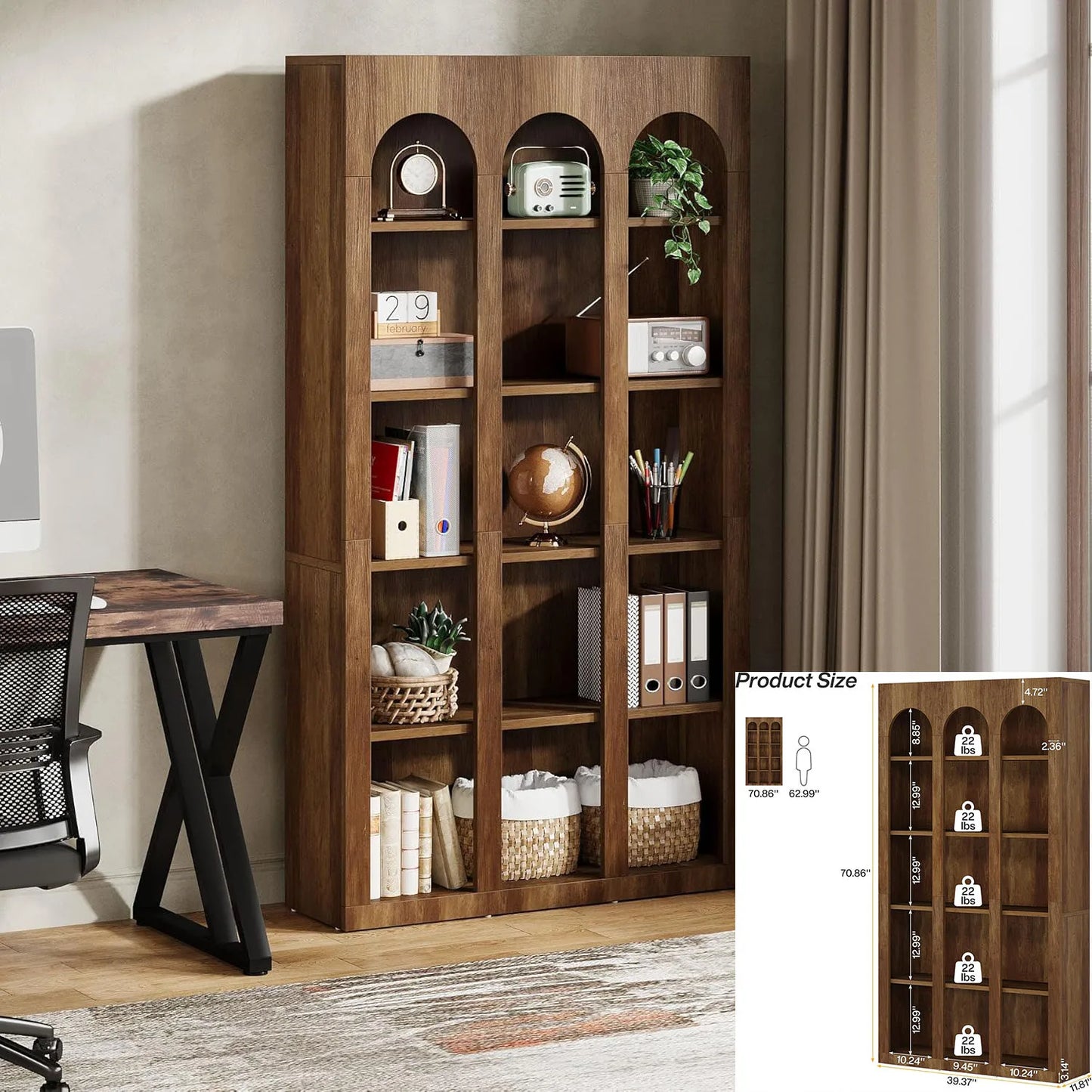 5-Tier Bookshelf, 70.87-Inch Mid Century Modern Bookcase with Open Shelves, Book Shelf Vintage Display Storage for Home Office