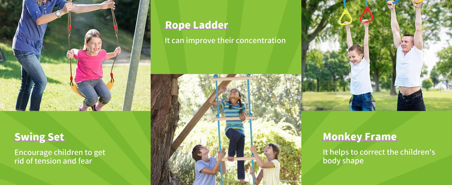 Warrior Obstacle Course For Kids And Adults - 65FT Slackline With Tree Climbing Rock Holds, Swing Seat, Monkey Bars, Ring Wheel,