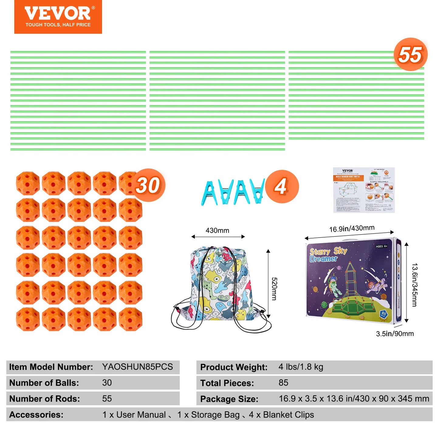 Fort Building Kit Construction Castle Tunnels Toys with 55 Rods 30 Balls Indoor Play Tent for Educational Gift Blocks