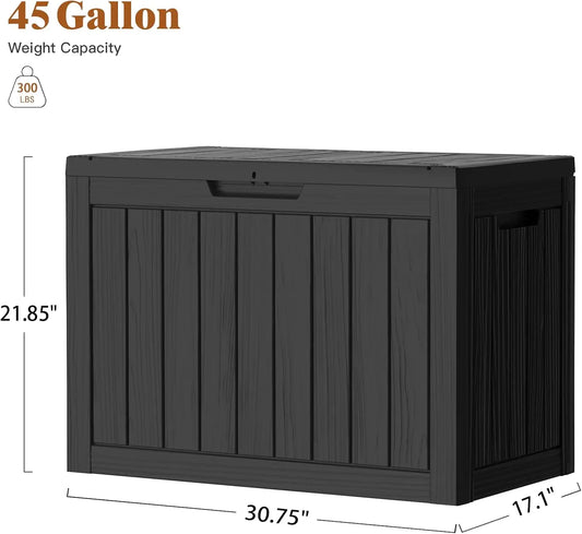45Gal Black Deck Box - Waterproof & UV-Resistant Outdoor Storage w/Lockable Lid - For Patio/Garden