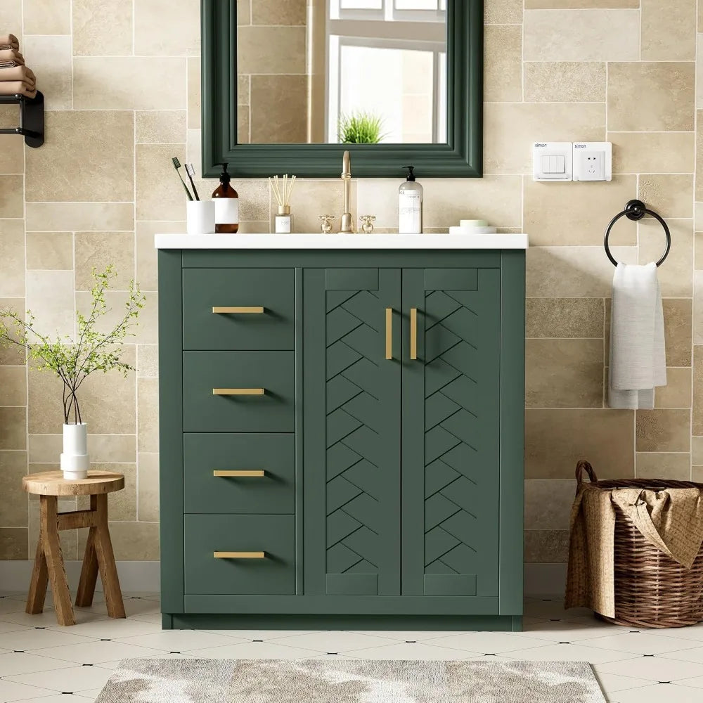 30 Inch Bathroom Vanity with Ceramic Sink, Modern Bathroom Storage Cabinet with 3 Drawers and 2 Doors