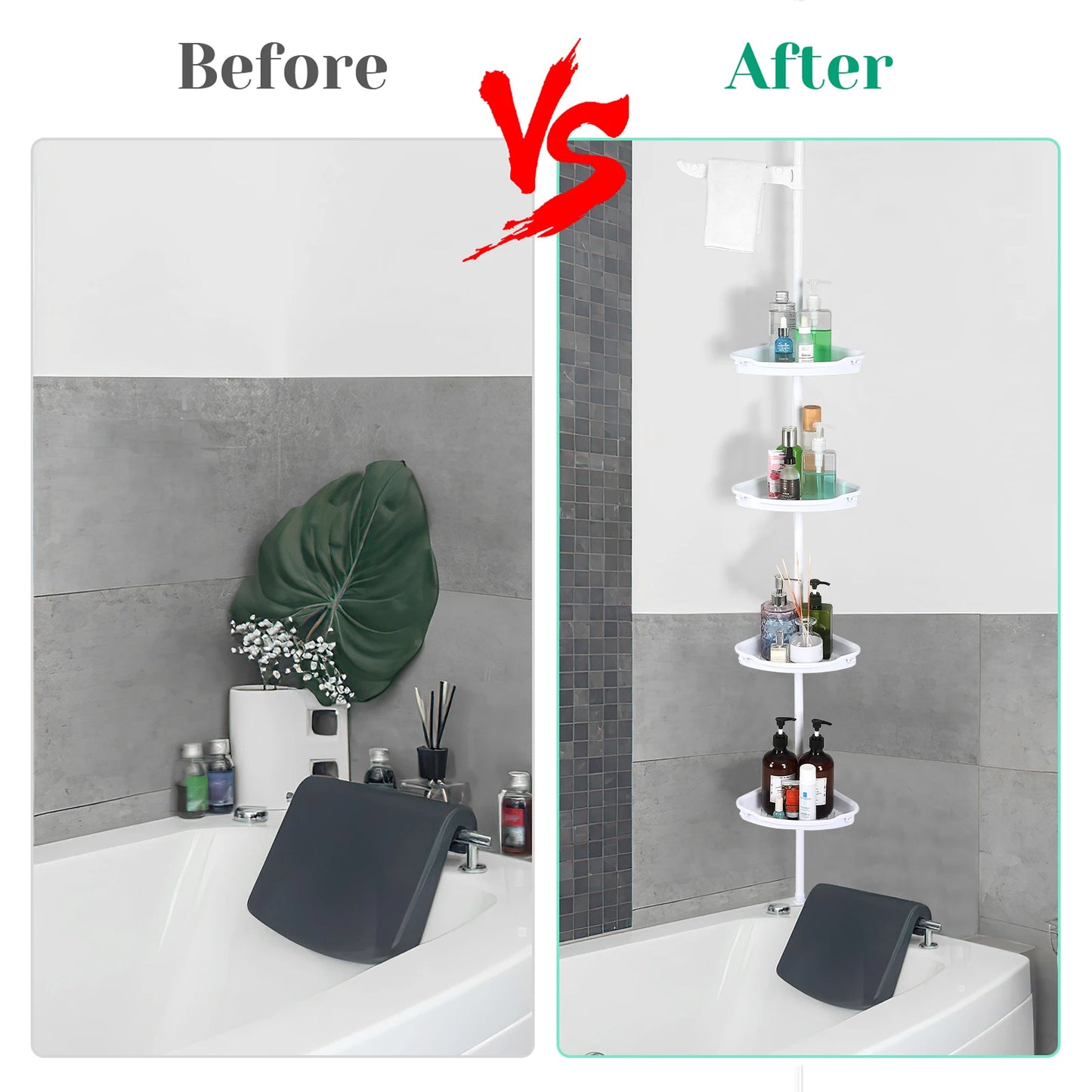 Corner Shower Caddy with Tension Pole 4-Tier Adjustable Shelves Bathroom Storage Organizer with Rubber Pad