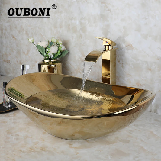 Gold Ceramic Luxury Bathroom Vessel Sink Set  Bowl Washbasin Waterfall Brass Faucet Pop Up Drain Combo High-End Basin Kit