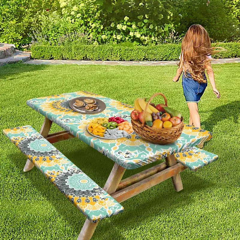 3pcs Picnic Table Covers With Elastic Tablecloth For Outdoor Parties And Camping