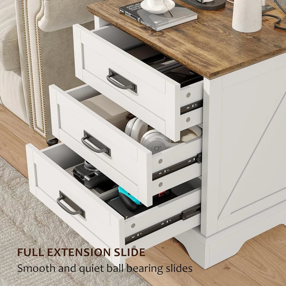 Farmhouse Nightstand with Charging Station, 3 Drawers Bedside Table