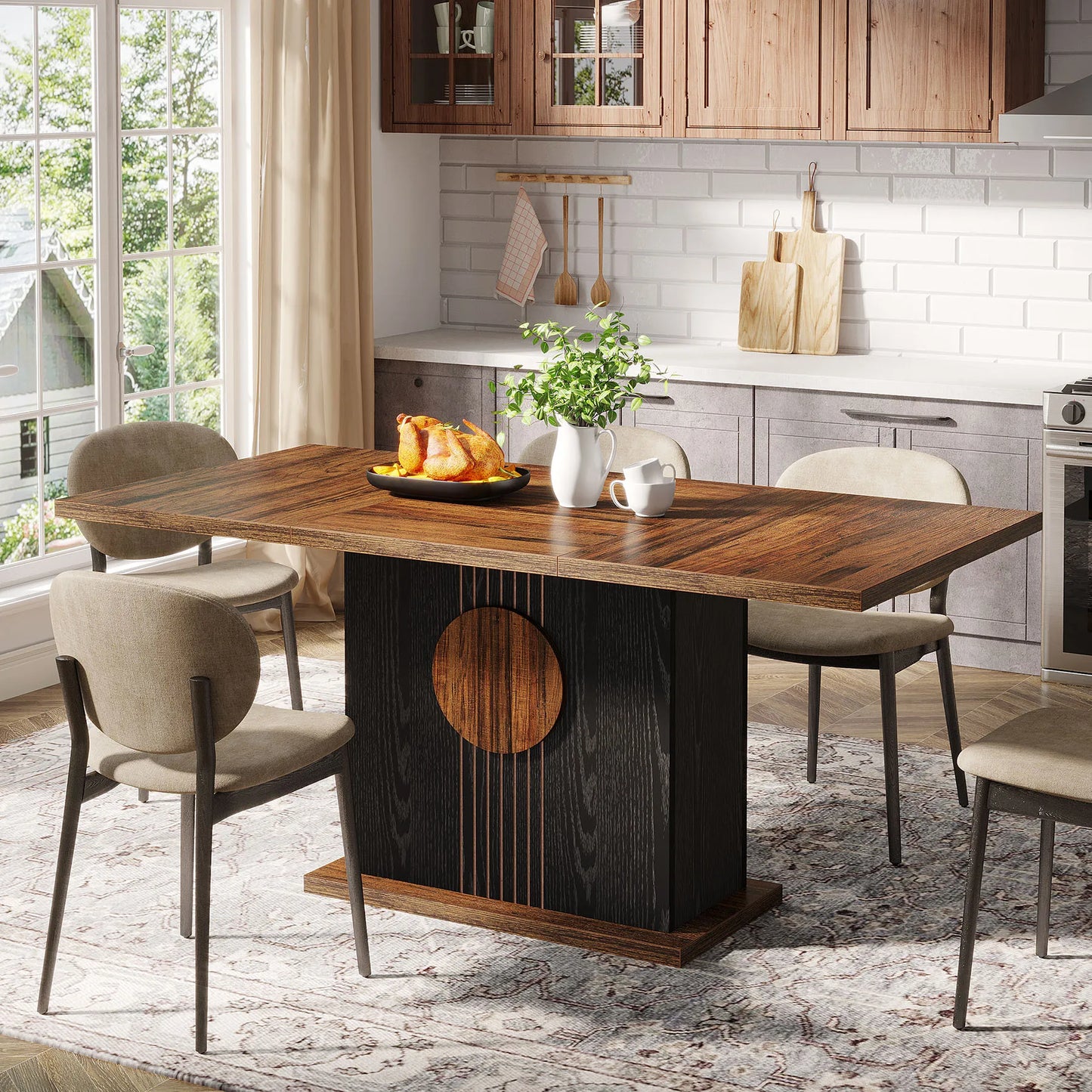 55" Rectangular Dining Table for 4 to 6 People, Farmhouse Wood Dinner Table for Kitchen, Dining Room & Living Room