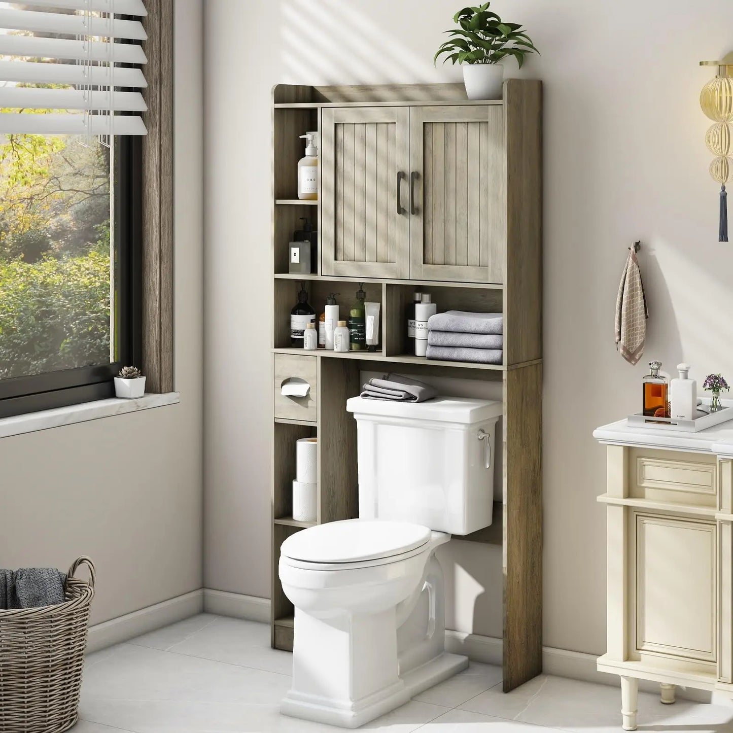 Bathroom Organizer Storage Wood Over The Toilet Storage Cabinet with Barn Doors &Toilet Paper Stand 67'' Tall Toilet Rack