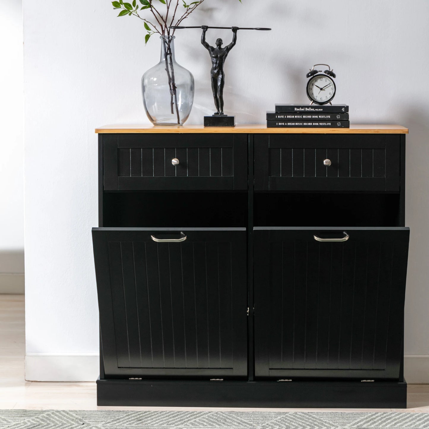 Double Tilt Out Trash Cabinet 20 Gallon, Freestanding Wooden Kitchen Trash Recycling Cabinet with Drawer & Removable Cutting Boa