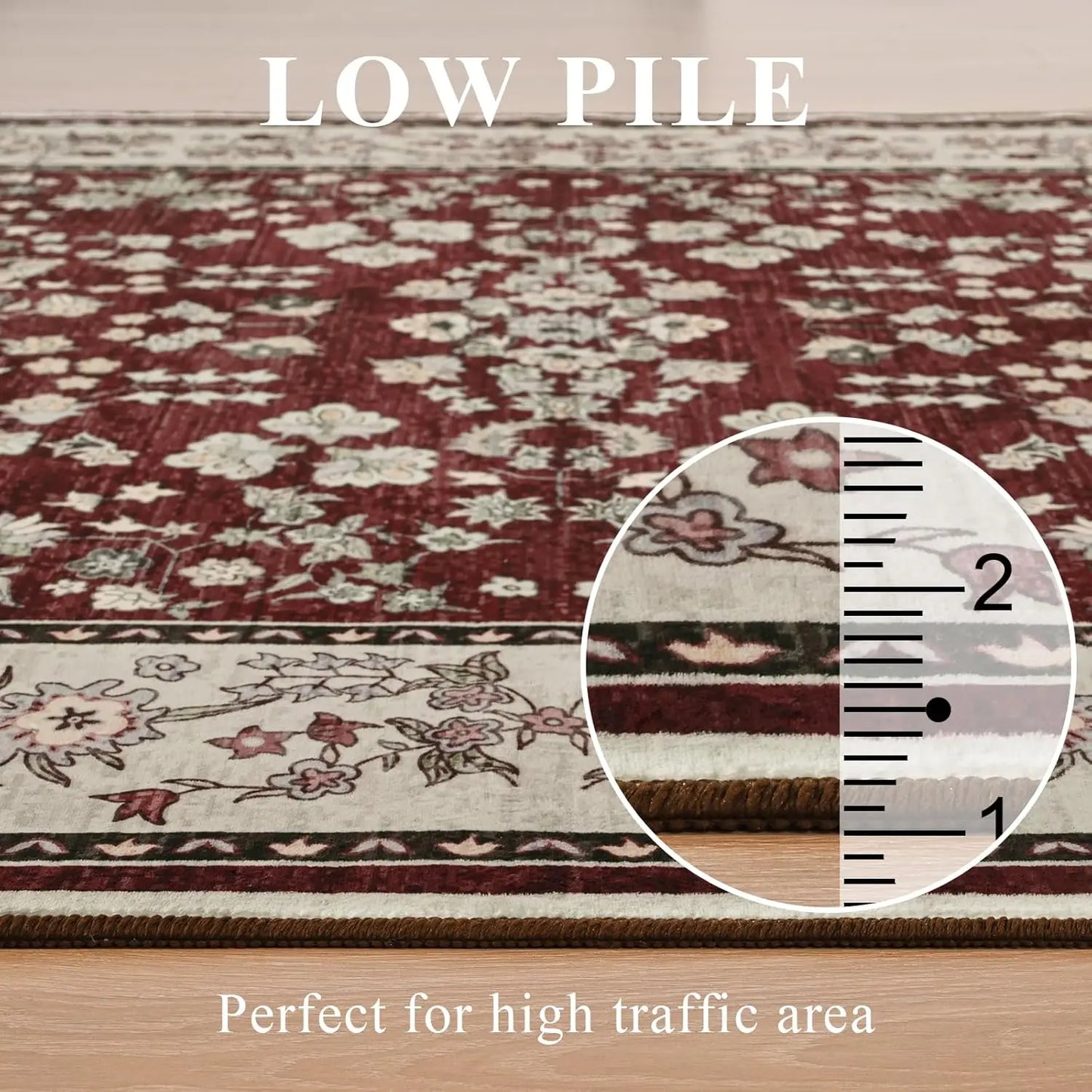 Washable Area Rugs for Living Room Bedroom Vintage Floral Print  Rug Soft Low Pile Non Slip