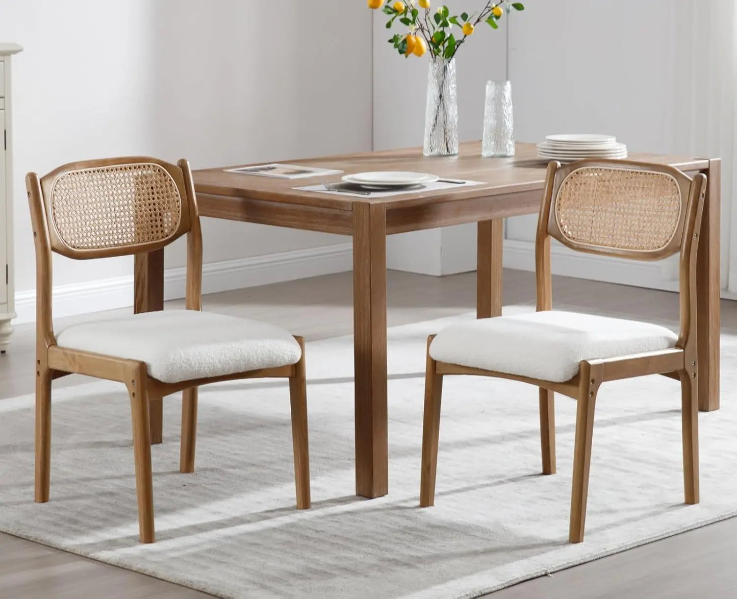 Farmhouse Rattan Dining Chairs Set of 2 Modern Mid Century Dining Room Chairs Upholstered Linen Kitchen Side Chairs