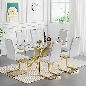 Glass Dining Table Set for 4, 5-Piece Modern Kitchen Table Set with 4 High-Back PU Leather Upholstered Chair for Kitchen Dining