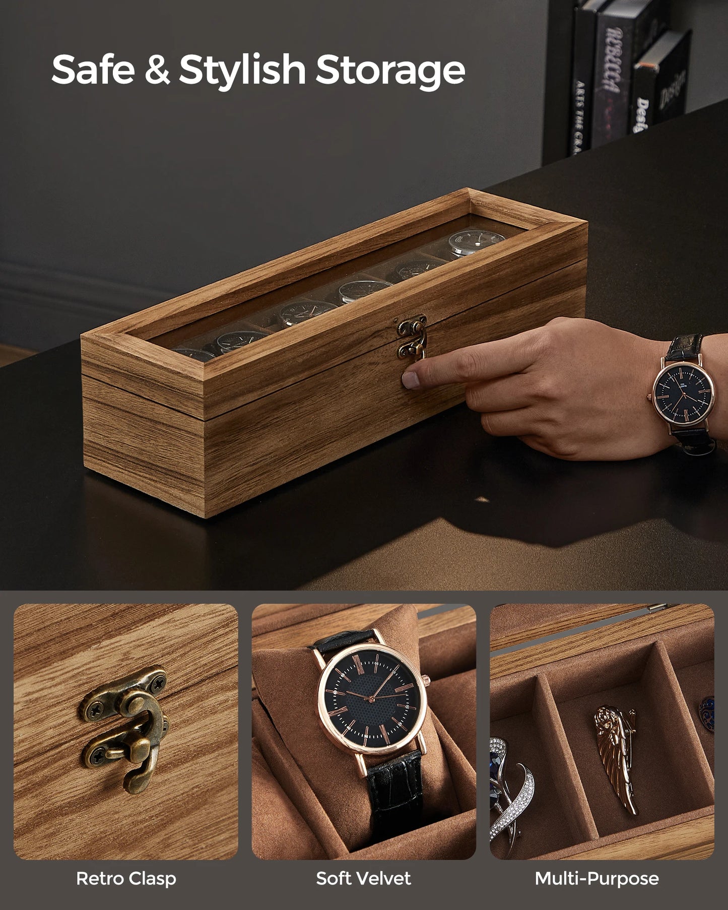 Watch Box, 6-Slot Watch Case, Solid Wood Watch Box Organizer with Glass Lid, Watch Display Case with Removable Pillows