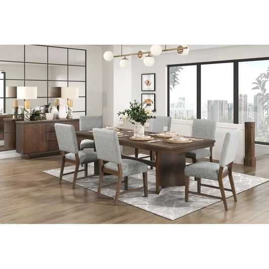 Modern Walnut Finish Dining Set 7pc with Self-Storing Extension Leaf and 6 Upholstered Chairs for Elegant Dining Experience