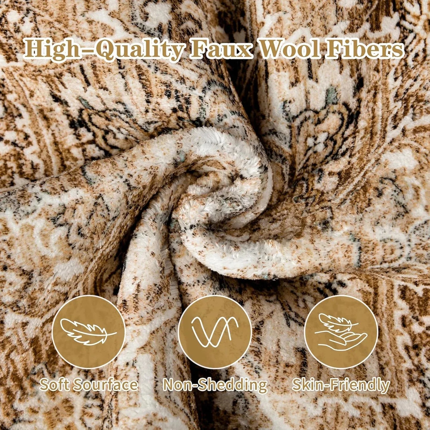 Faux Cashmere Vintage Printed Rug Area Rugs, Low Pile Rugs for Living Room Bedroom