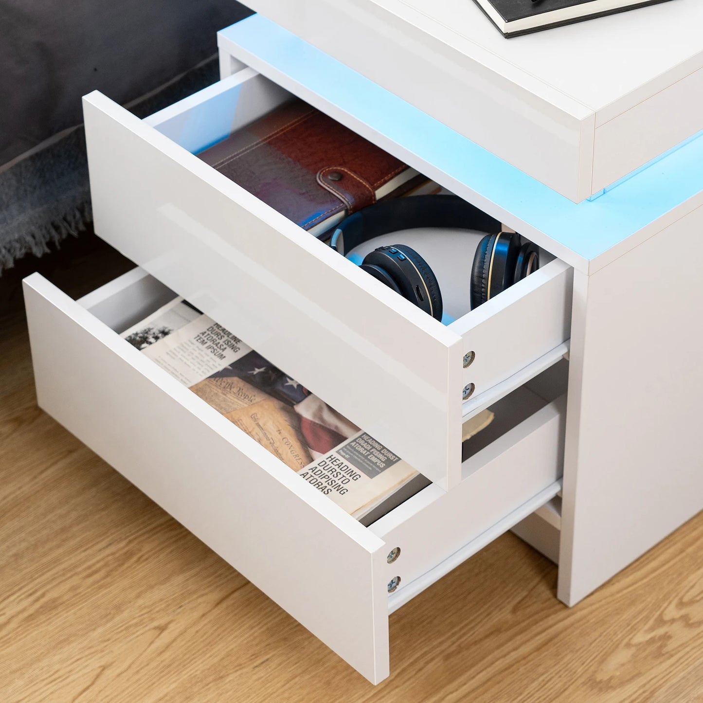 Nightstand RGB LED Light Bedside Table Cabinet with 2 Drawer Bedroom High Gloss