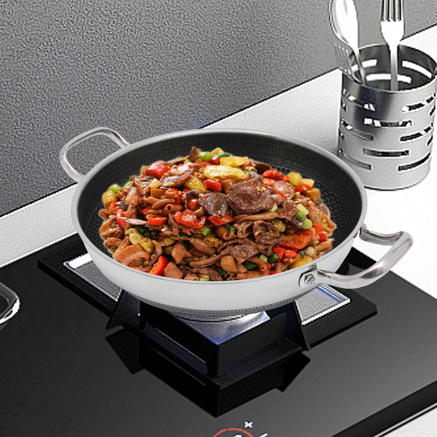 13-Inch Stainless Steel Skillet with Lid, Non-Stick, Kitchen Flat Frying Pan, Professional Cookware for All Cooktops Silver