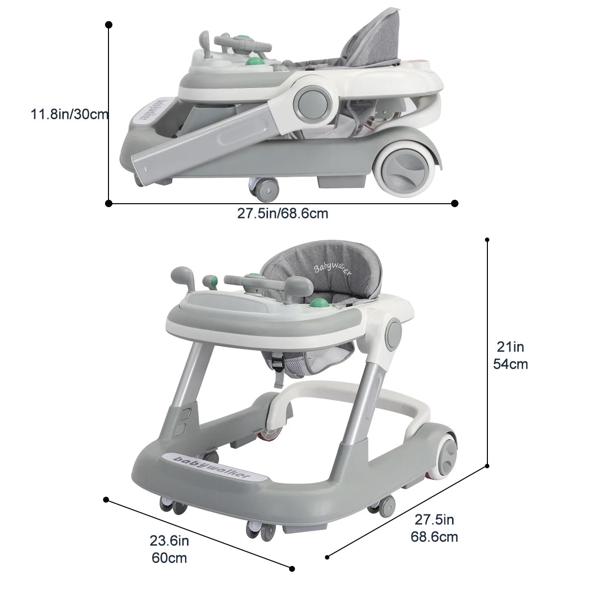 Push Walker with Detachable Feeding and Music Trays, Foldable Learning Toy for Infants and Toddlers, 2 In 1 Walker