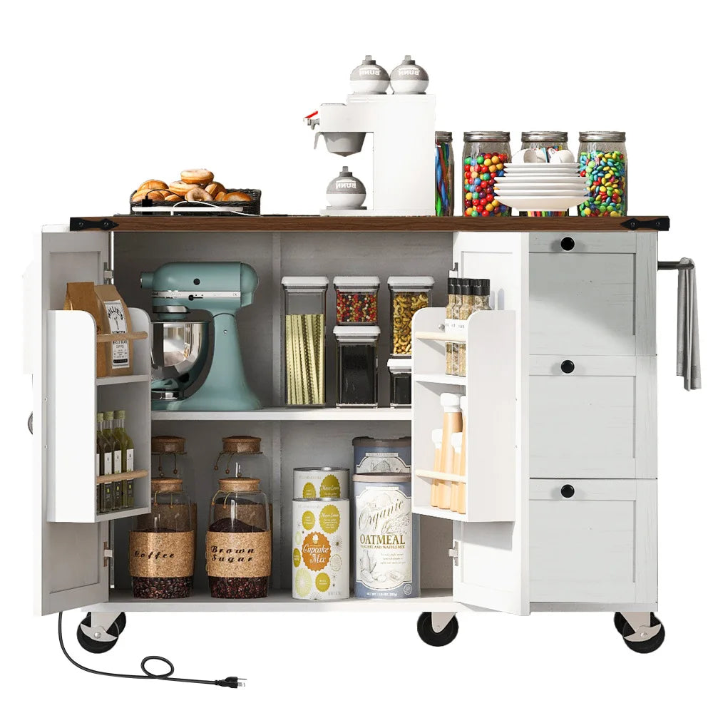 54.5" Farmhouse Kitchen Island with Power Outlet, Kitchen Storage Island  with Internal Storage Rack, Drop Leaf, Spice Rack