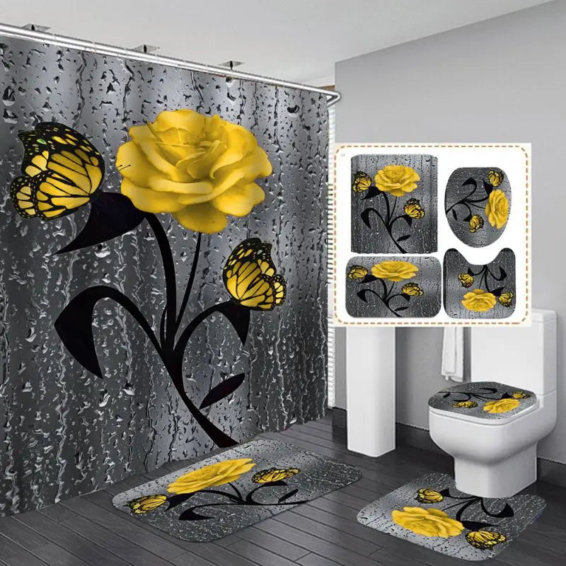 4pcs Set Doormat Shower Curtain with Non-Slip Rugs Toilet Seat Cover Bath Carpet Durable Waterproof