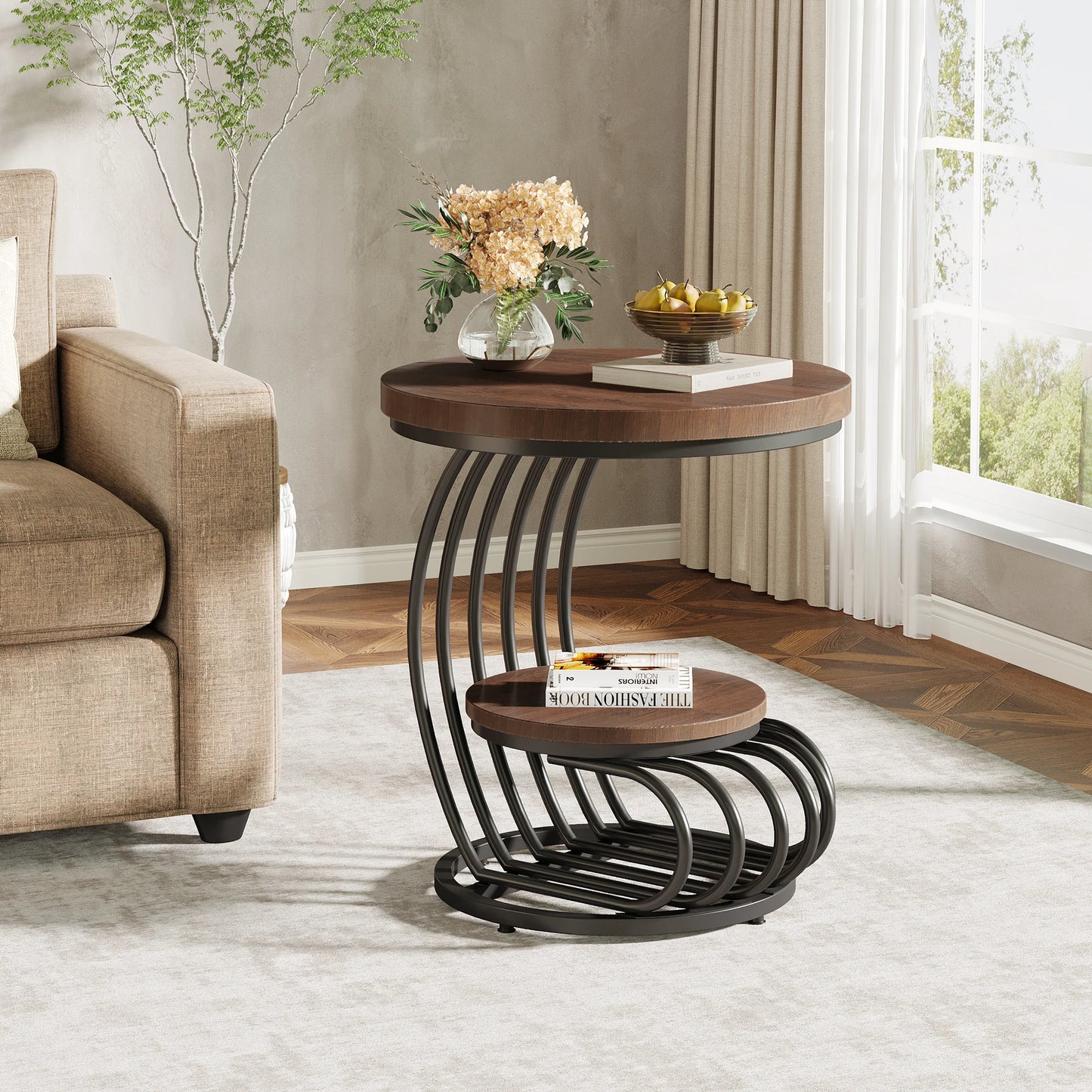 Gold Round End Table: 2 Tiers Faux Marble Side Table with Storage Shelf, Modern White Gold Bedside Nightstand