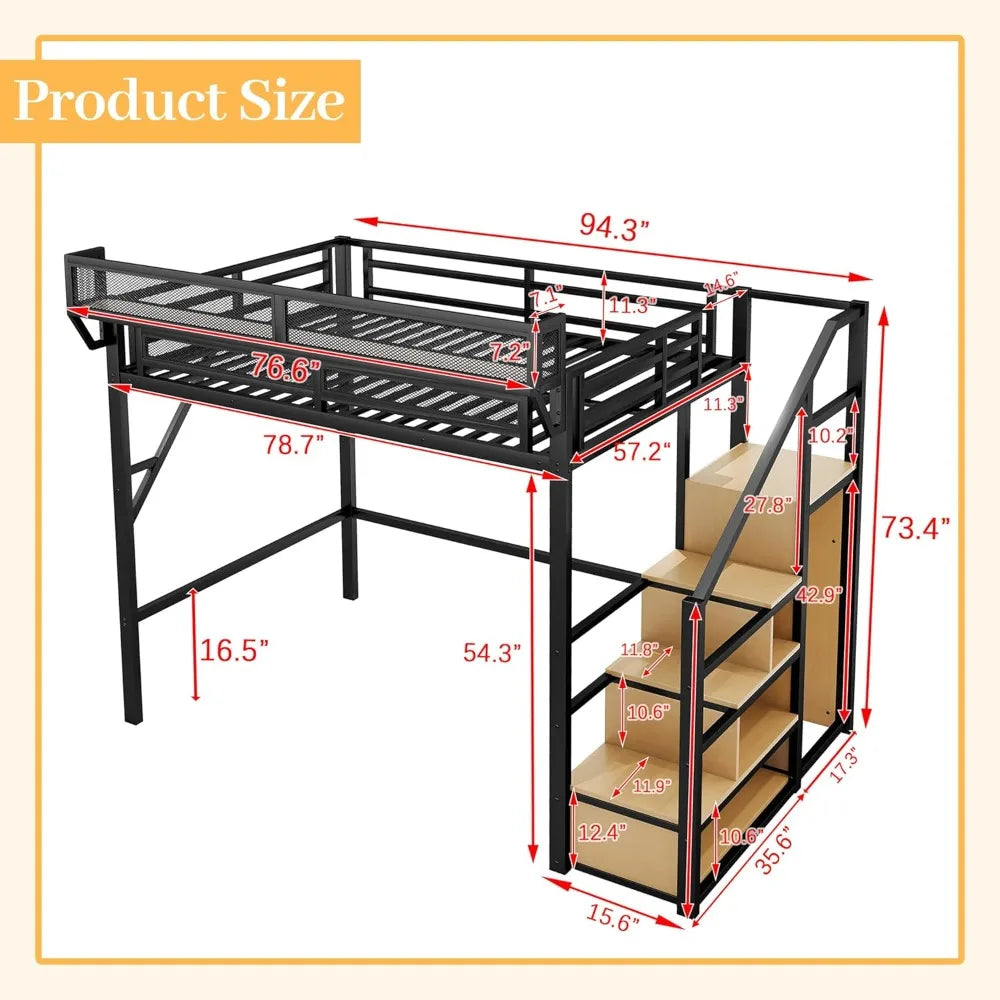 Full Size Loft Bed with Stairs and Storage, Metal Loft Bed Frame with Bedside Shelf and Large Under-Bed Space