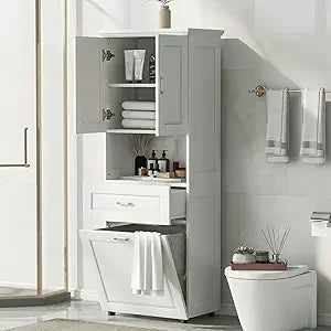 Laundry Cabinet with Tilt Out Laundry Hamper and Drawer, Wood Tall Bathroom Storage Cabinet with Doors and Adjustable Shelves