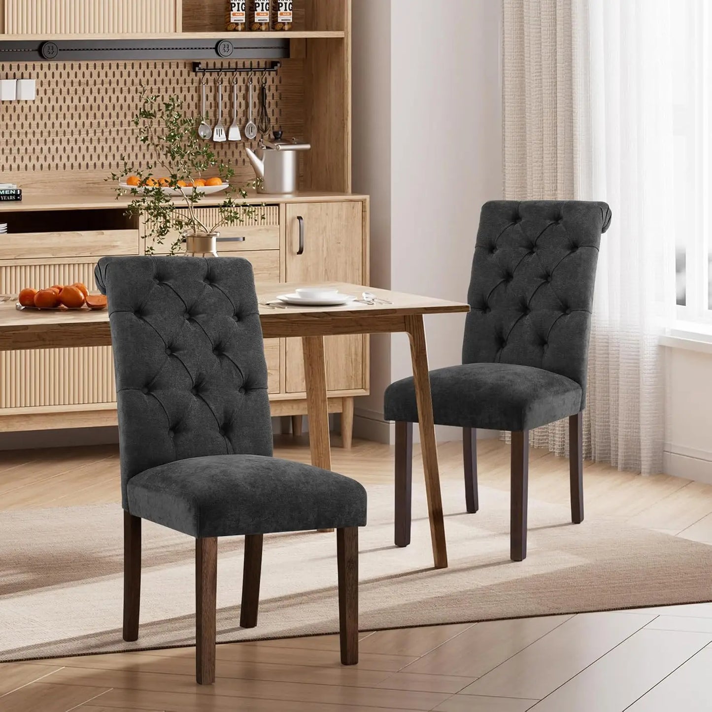 Dining Chairs Set of 6, Button Tufted Parsons Upholstered Chairs with Solid Wood Legs