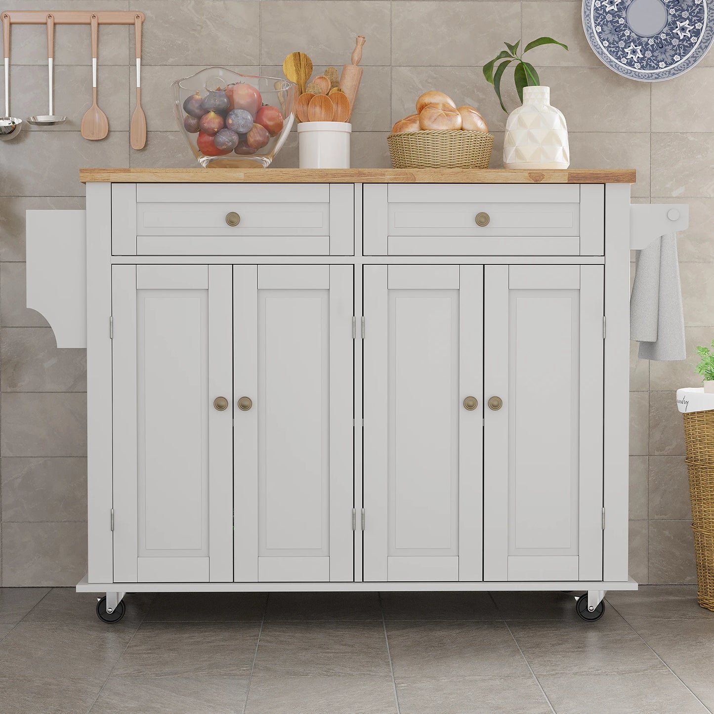 Rolling Kitchen Island with Drop Leaf – Movable Kitchen Carts on Wheels Island with Storage Cabinet