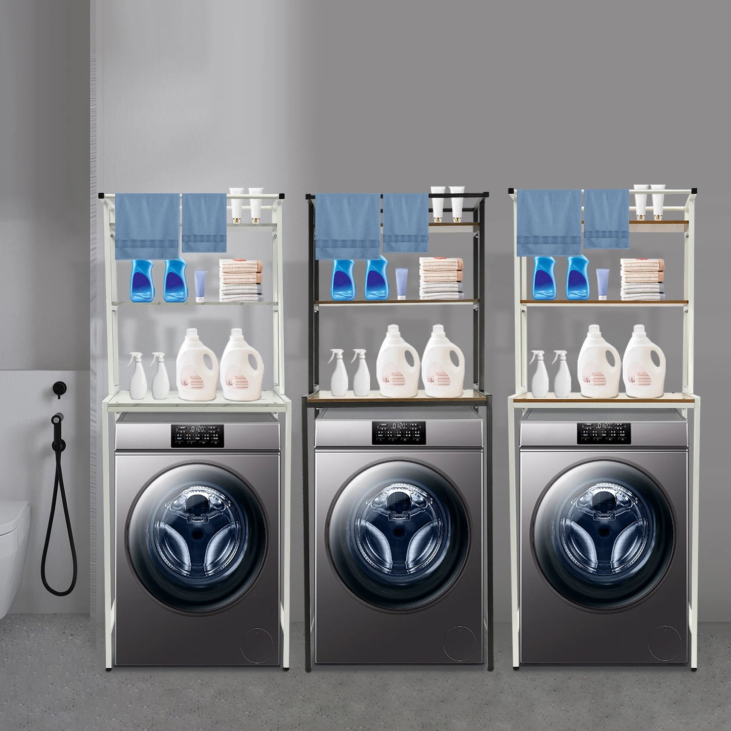 Over Washer and Dryer Storage Shelves 3 Tiers Standing Clothes Drying Rack with Basket for Laundry Room Balconies Porches