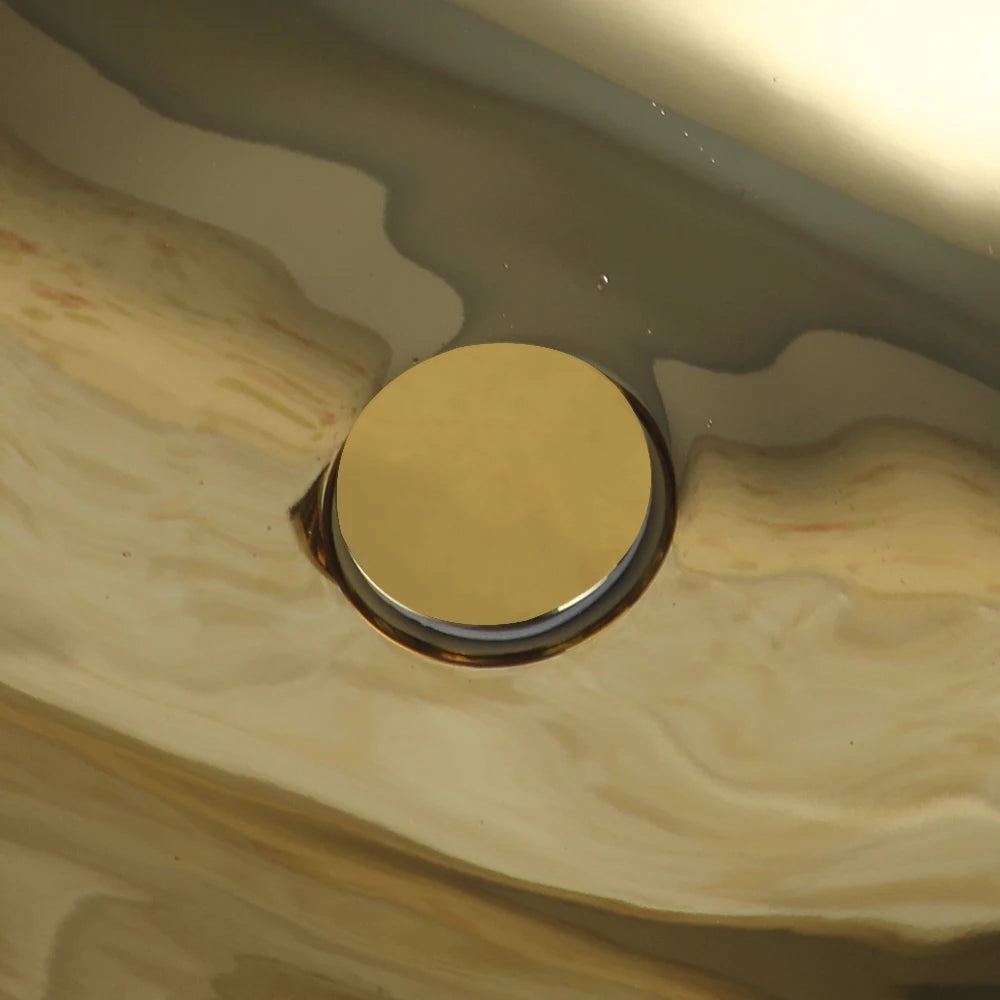 Gold Ceramic Luxury Bathroom Vessel Sink Set  Bowl Washbasin Waterfall Brass Faucet Pop Up Drain Combo High-End Basin Kit