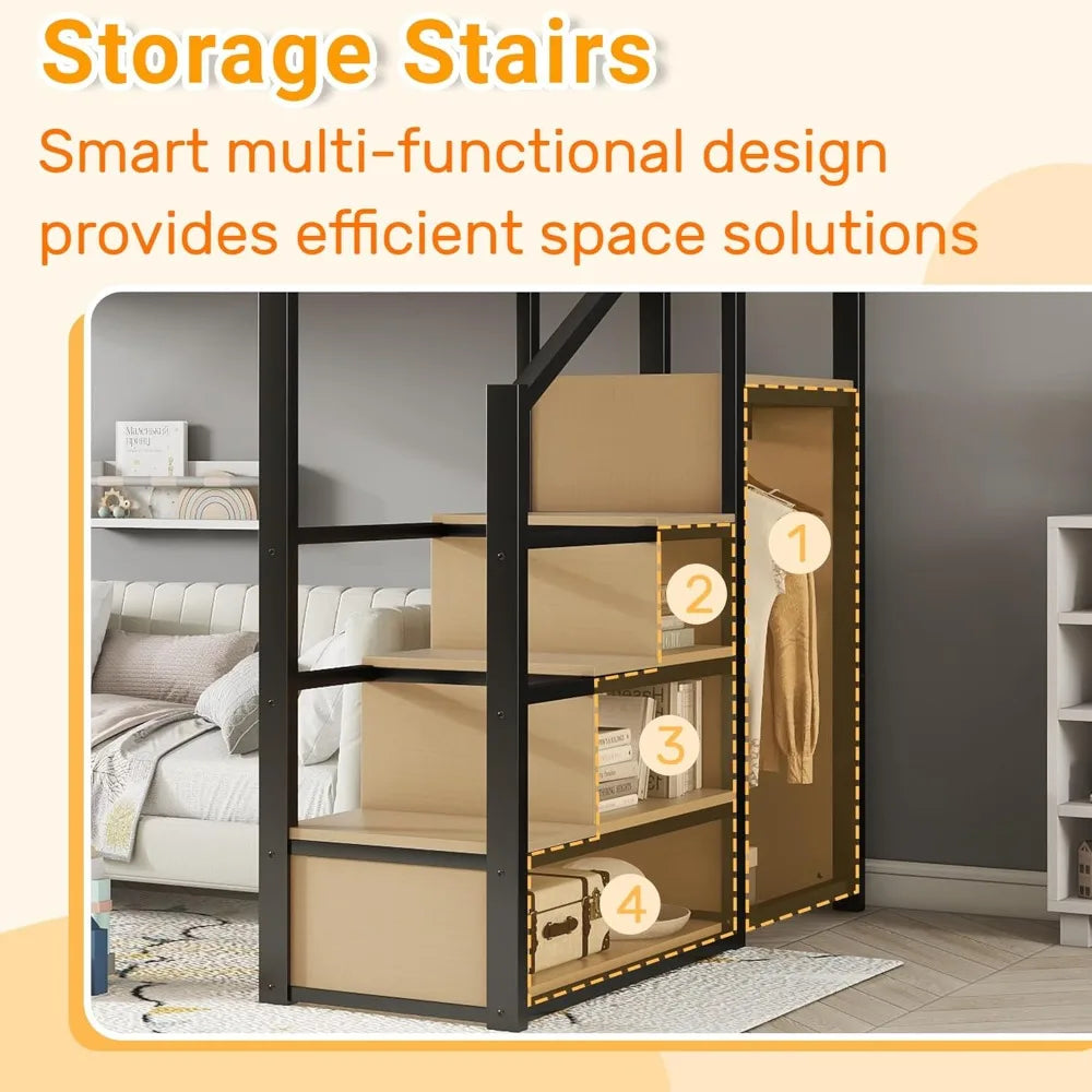 Full Size Loft Bed with Stairs and Storage, Metal Loft Bed Frame with Bedside Shelf and Large Under-Bed Space