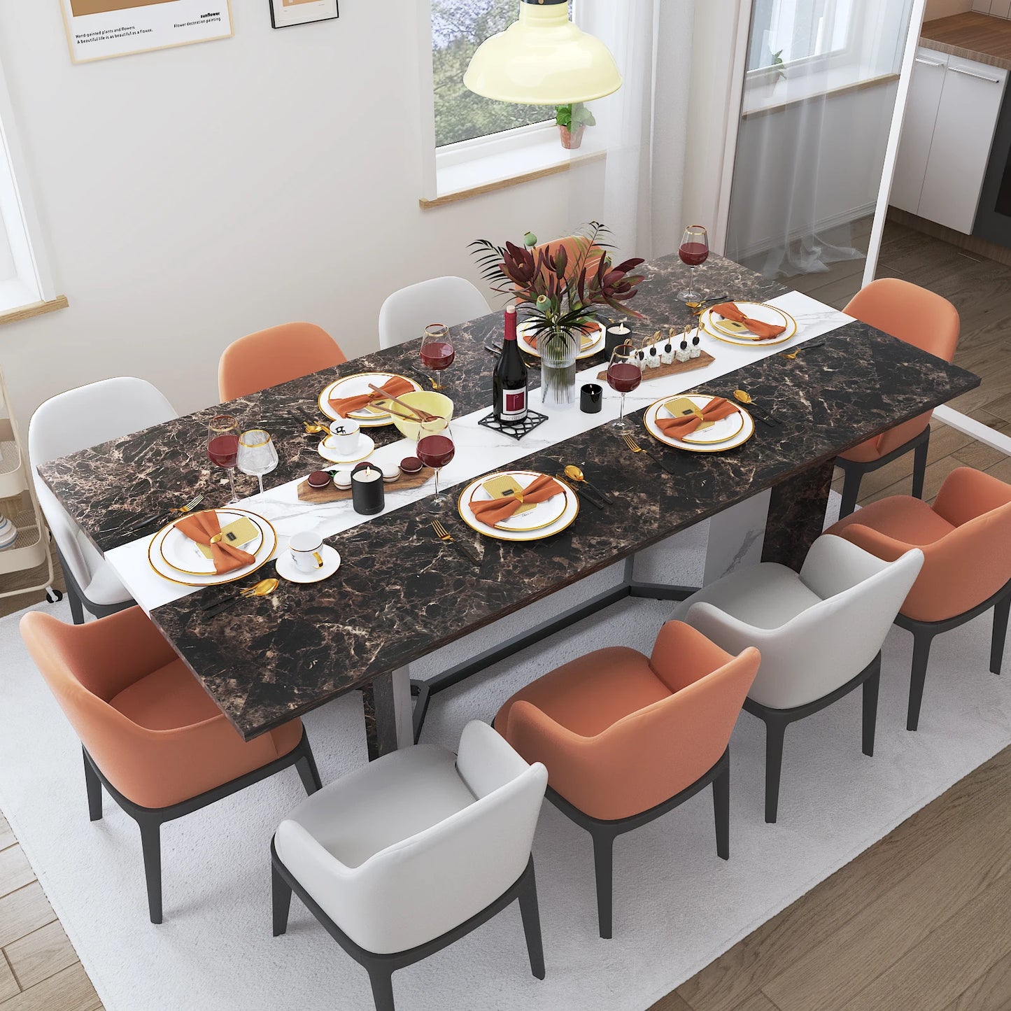 71In Large Rectangular White Dining Table for 4 5 6 8 10 People, w/Marble Color, Wood Tabletop, Metal Leg