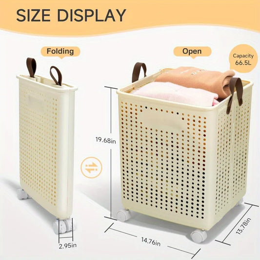 66.5L Foldable Laundry Basket with Wheels - XL Collapsible Storage Bin for Clothes, Toys, Bathroom (14x15x20 inch) Easy Carry!