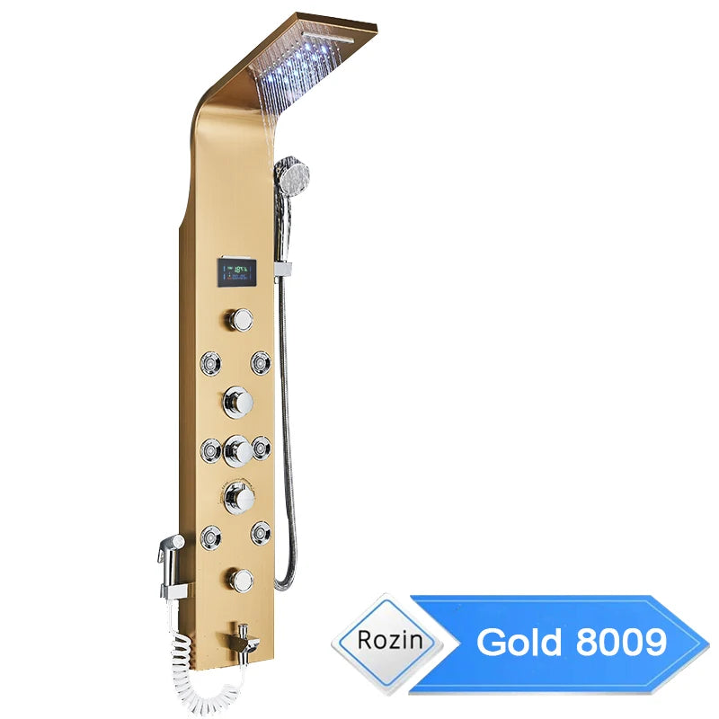LED Bathroom Shower Panel 6 Modes Intelligent LCD Shower Column Rose Gold Rain Waterfall Bath Systems With Massage Jet Mixer Tap