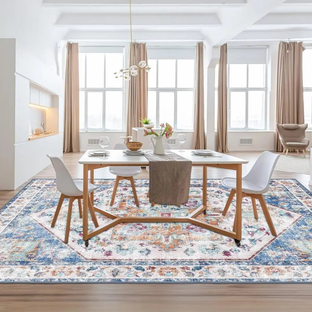 Washable Area Rug 8x10 - Stain Resistant Vintage Design for Living Room, Non-Slip Foldable Carpet for Bedroom