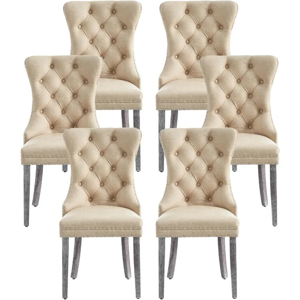 Leather Dining Chairs Set of 6, Upholstered Dining Room Chair with Nail head Trim and Solid Wood Legs, Luxury Wingback