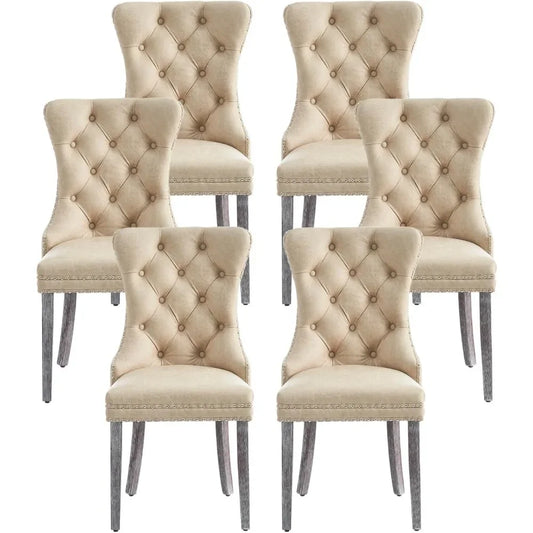 Leather Dining Chairs Set of 6, Upholstered Dining Room Chair with Nail head Trim and Solid Wood Legs, Luxury Wingback