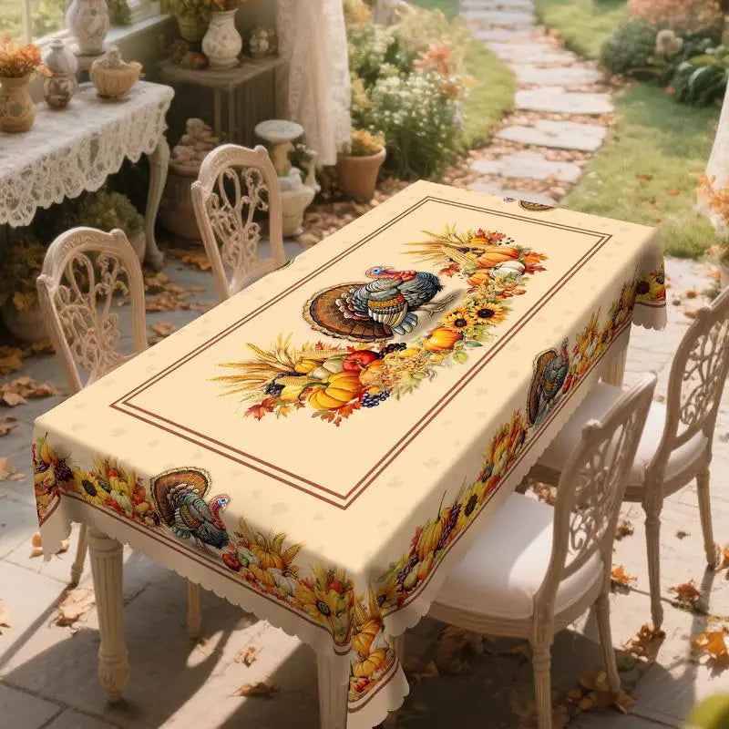 Fall Thanksgiving tablecloth with turkey, pumpkin and sunflower pattern, rectangular and round autumn harvest tablecloths