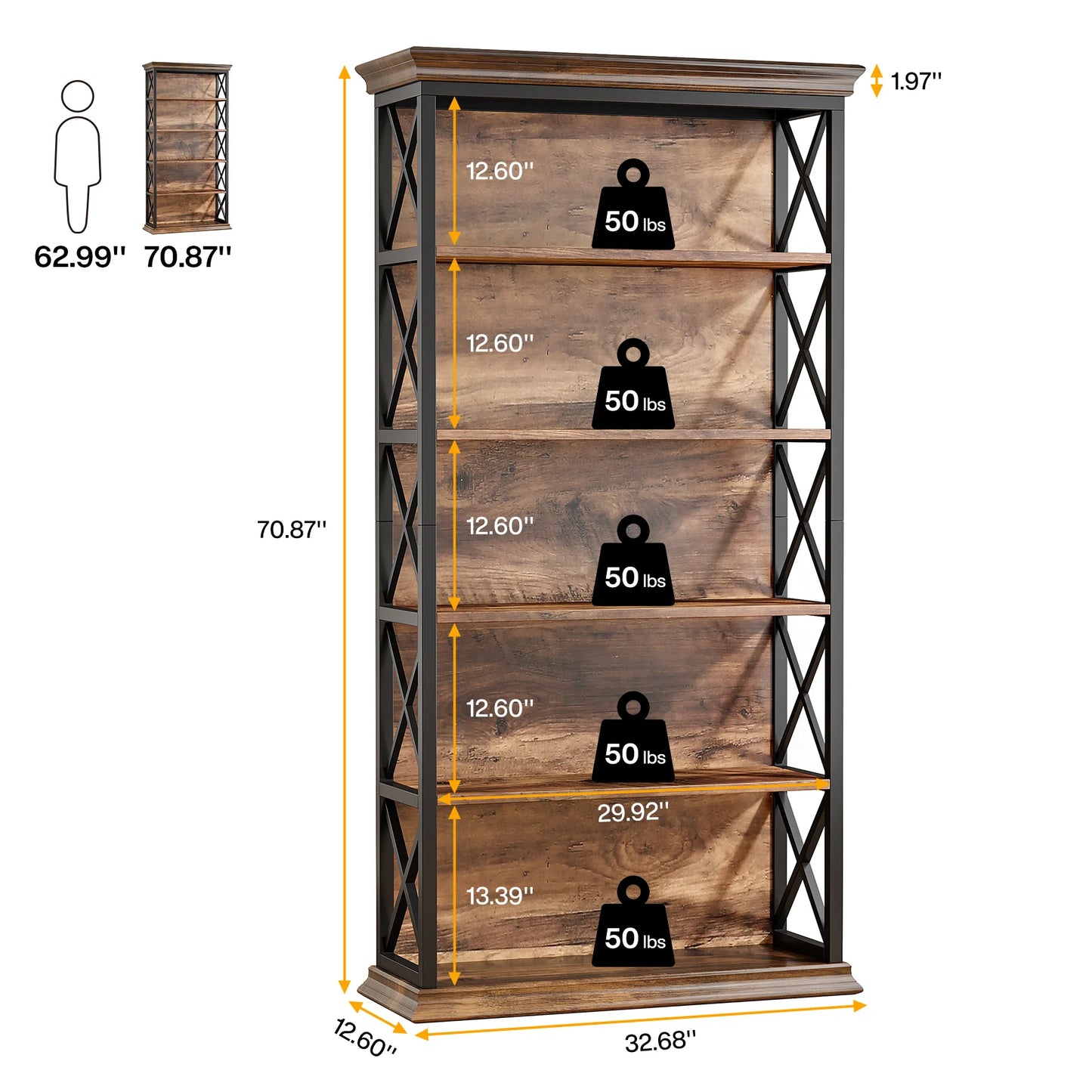 6-Tier Bookcase, 71 Inches Industrial Bookshelves and Bookcases, Floor Standing 5 Shelf Display Storage Shelves