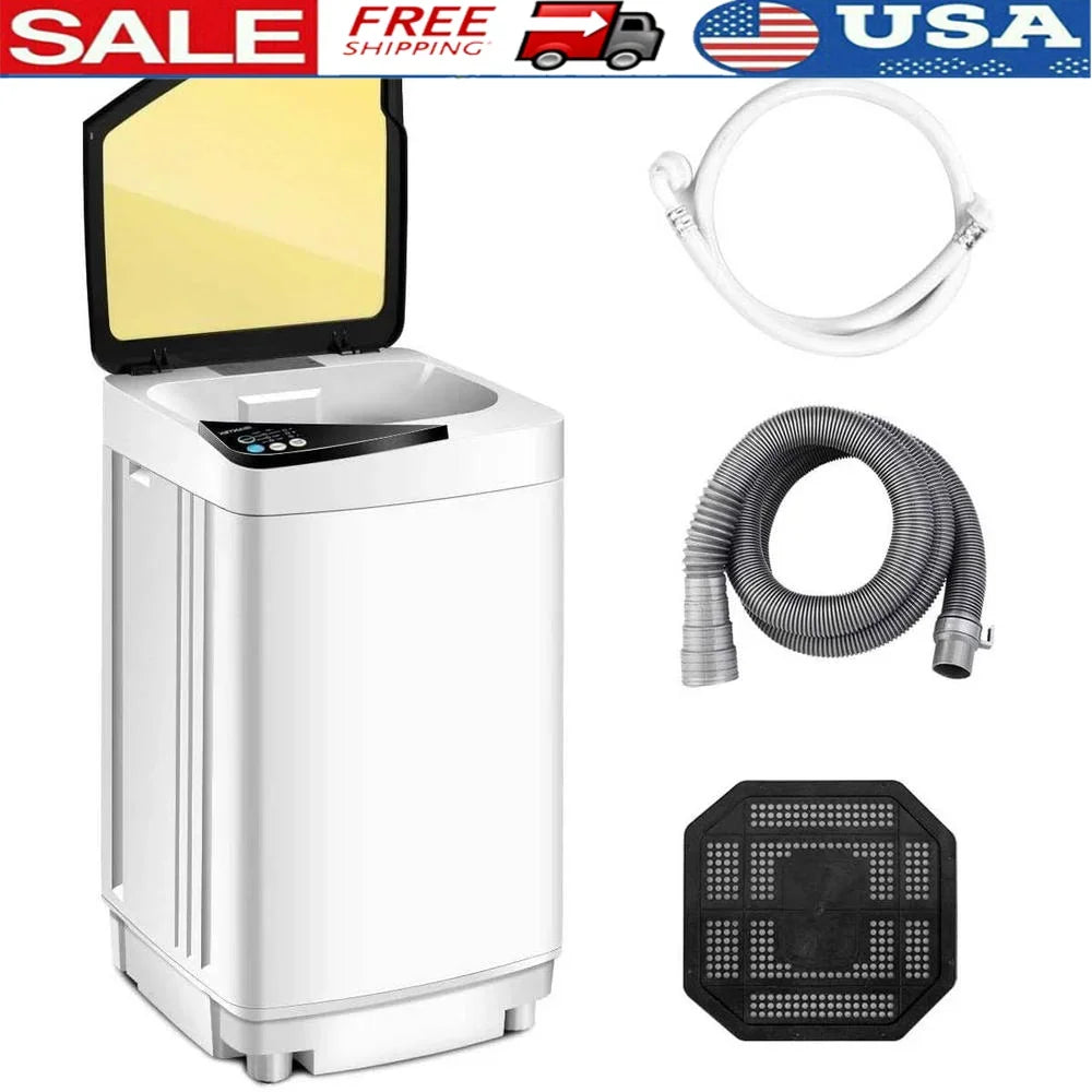 Full Automatic Portable Washing Machine Compact Laundry Washer Spin Dryer with Barrel Light Drain Pump Ideal Apartments