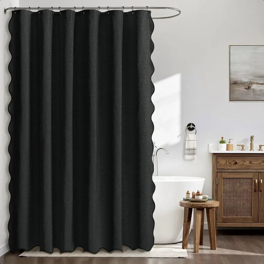 84 Long Scalloped Shower Curtain Linen Textured with 12 Metal Hooks Cute Extra Long Heavy Duty Washable Waterproof Cloth Hallow