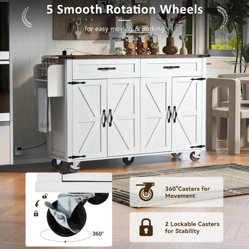 Farmhouse Rolling Kitchen Island with Power Outlet, Drop Leaf Breakfast Bar, Wooden Mobile Storage Island Cart on Wheels